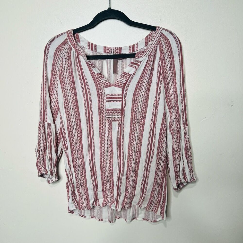 Brina & Em Brick Red White Boho Peasant Shirt 3/4 Sleeve Sz M